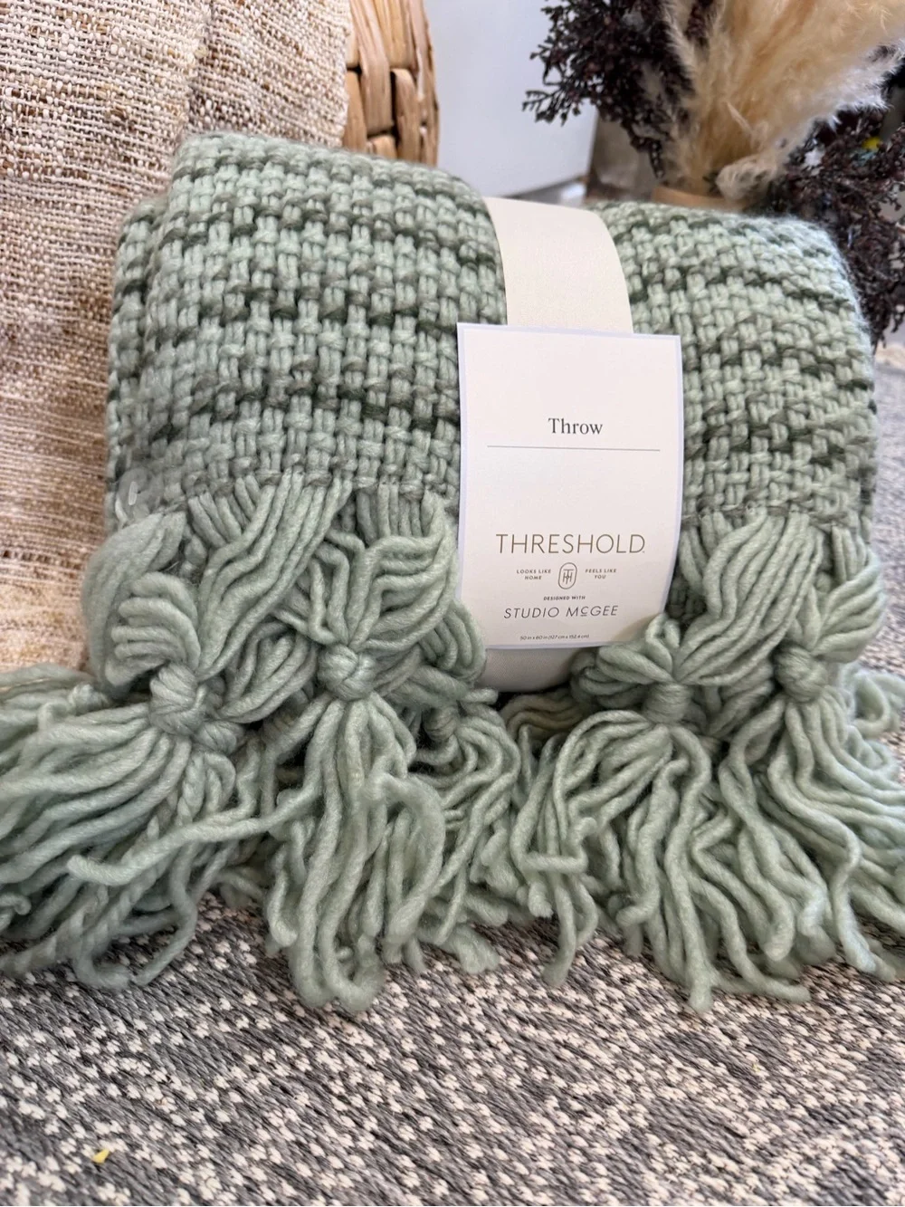 Studio McGee Mint Sage Knit Throw with Fringe